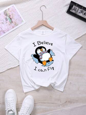 Tween Girls Penguin Graphic Slogan Printed Loose Crew Neck T-Shirt, Casual And Versatile Daily Wear