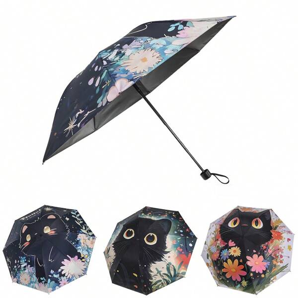 Cute Cat Pattern Folding Manual Umbrella - Reinforced 8 Steel Frame, UV Protection, Compact Folding Design, Durable 190T Vinyl Fabric And Ergonomic Rubber Handle, Recreational Rain Gear | Folding Umbrella | Durable Vinyl Umbrella, Outdoor Umbrella Summer Cooling,Beach,Travel