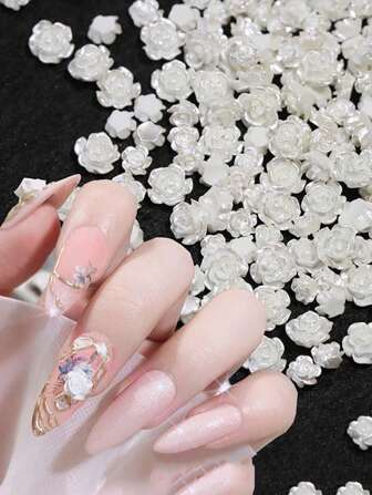 100pcs/Bag White Camellia Rose Nail Art Decorations, 2 Sizes Mixed, Elegant For Wedding Decoration, Cute Minimalist Style, Easy To Stick, Suitable For Wedding, Vacation, Youth Festival Nail Art DIY, Nail Accessories, Valentine's Day, Wedding Party, Birthday Decorations, Craft Design, Nail Art Decor, Essential For Mothers