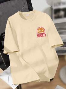 1 pieza Camiseta de manga corta casual con cuello redondo y estampado para adolescentes, ropa de verano para estudiantes