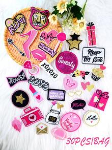 30pcs/Set Random Pink High Heels, Football, Diamond, Lips, Heart, Lollipop, Camera, Leopard Print Patches, Cute Cartoon Style Iron On/Sew On Patch For DIY Clothes, Bags, Hats, Etc. - Pink - View 3
