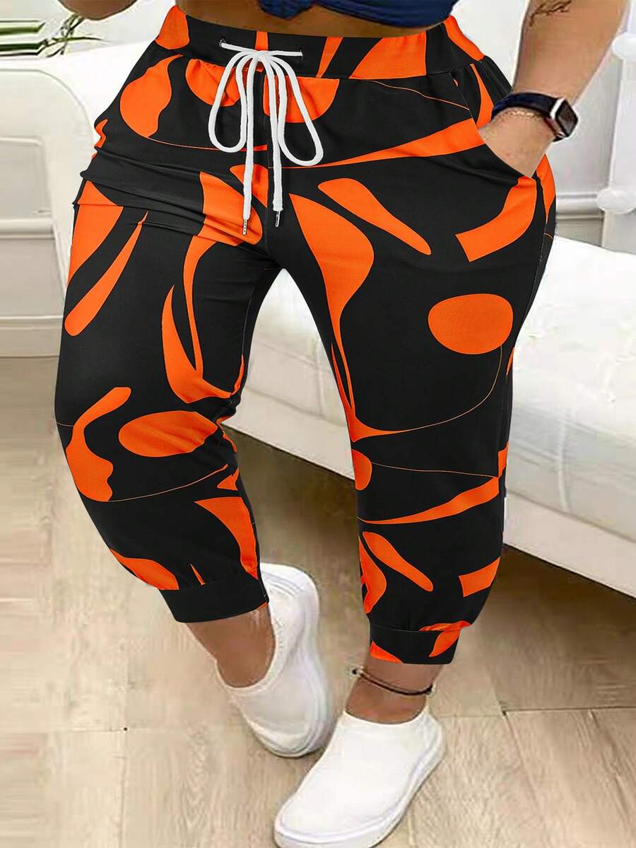 Plus Size Women's Fashion Digital Print Drawstring Cuffed Casual Long Pants - Orange - View 1
