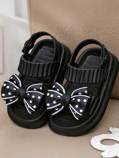 2025年夏季新款蝴蝶结可爱小仙女室内/室外凉鞋，适合4-14岁儿童，EVA鞋底，双扣轻便软底透气速干沙滩百搭凉鞋