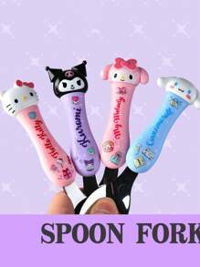 Sanrio 2 pezzi Set di posate Sanrio Hello Kitty, Kuromi, My Melody, Cinnamoroll, in acciaio inossidabile 304, con bacchette, cucchiaio e forchetta a tema cartone animato, set di stoviglie portatile con scatola di immagazzinaggio, articoli scolastici
