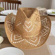 Women Men Summer Straw Hat Hollow-Out Bucket Hats Sun Beach Holiday Sun Cap Cowgirl Hat - 卡其色 - 查看 2