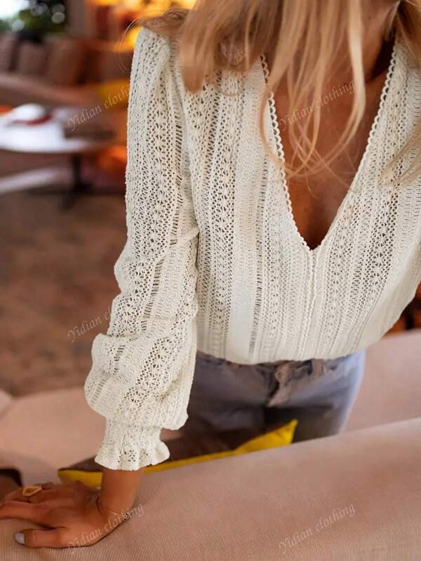 Women V-Neck Solid Color Long Sleeve Top, Fashionable Suitable For Summer