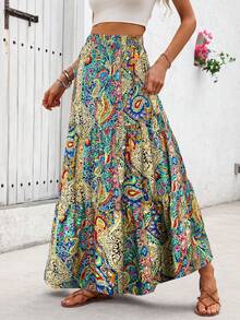 High Waist Elastic Waist Loose Printed Skirt - Multicolor - View 4