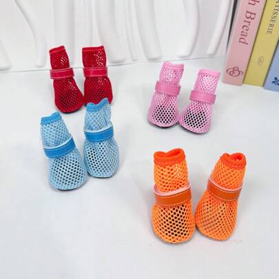 4 قطعة/ طقم بوت صيفية منفذة للهواء من الشبك بألوان سادة، خفيفة الوزن للاستخدام الخارجي، واقية من الأوساخ، مناسبة للكلاب الصغيرة