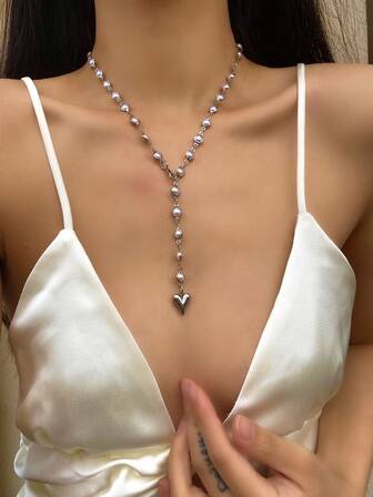 1pc Random Color Bling Glass Heart & Faux Pearl Pendant Y-Necklace, Elegant Fashion Jewelry For Daily Wear, Dating, Party, Vacation, Anniversary, Birthday Gift