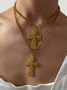 Monlansher Nuova collana da donna con pendente a croce, design in metallo in rilievo esagerato, realizzata in acciaio inossidabile, alla moda, versatile e adatta all'uso quotidiano, colore oro