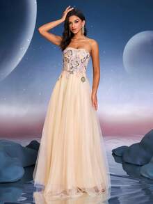 Anymoon 优雅网眼蕾丝亮片花卉装饰正式晚礼服适合正式场合毕业典礼、返校节和婚礼活动、派对礼服、礼服、婚礼宾客