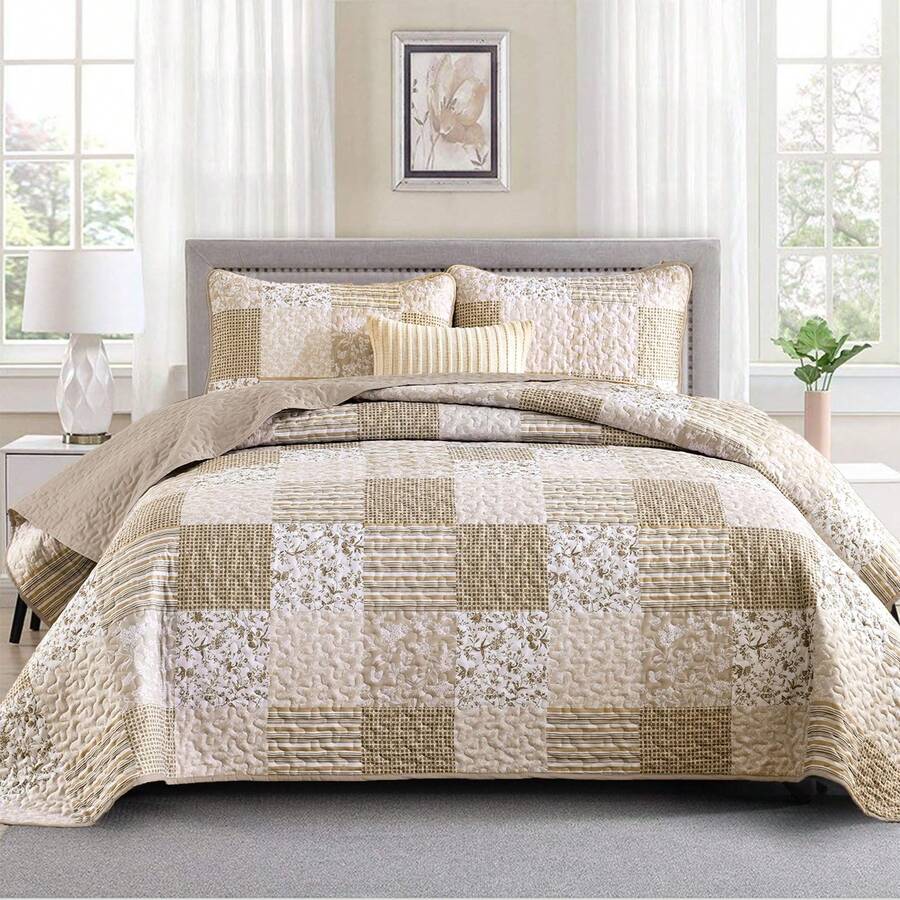 3 Pieces Floral Plaid Khaki/Yellow/Blue Qeen King California King Size Reversible Bedspread Coverlet Set,Soft Microfiber Bedding Set Pillowcase For Wedding Items, Home Bed Room Decor,Ideal Gift,All Season - 米色 - 查看 1