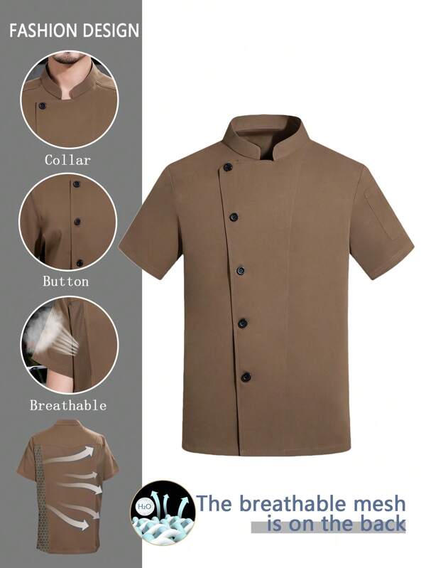 Uniforme de chef de manga corta y transpirable en caqui, con diseño de malla en la espalda, cómodo, para chef, cocinero, panadería, hotel, restaurante, servicio de alimentos, verano