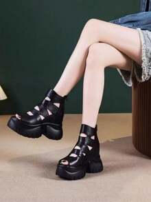 Vintage Casual Summer Fashion Hollow Out High Heeled Roman Gladiator Booties, Platform High Top Sandals For Women - Black - View 3