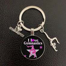 1pc I Love Gymnastics Glass Keychain Key Ring, Metal Key Chain For Men & Women, Sports Themed Gift School Letter Car Accessories Cute Goth Y2k