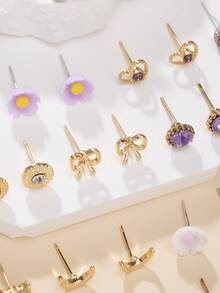 30pcs/Set Fashion Simple Cute Rhinestone Heart Flower Geometric Bow Design Metal & Resin Stud Earrings, Multi-Pieces Jewelry Set Suitable For Daily Wear - Multicolor - View 4
