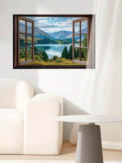 mama look 1 件经典 3D 破墙景观设计墙贴，带有椰子树、海滩、海洋、山脉、晚霞、模拟窗户、雪山、湖泊、森林、蓝天，适用于卧室、客厅、书房、餐厅装饰，自粘式，可移除 PVC 壁画