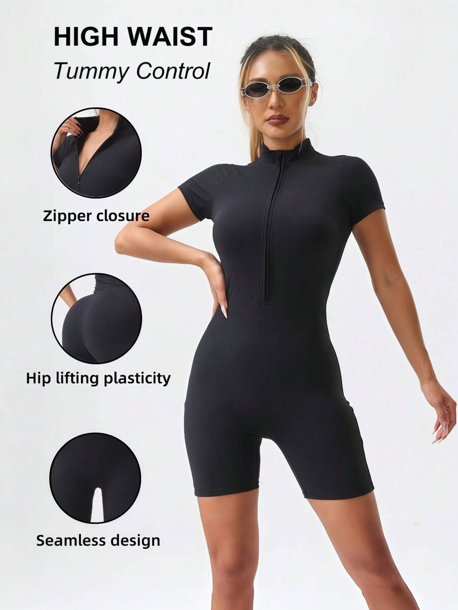 Women's High Waisted Backless Yoga Jumpsuit - Zipper Stand Up Collar Short Sleeved Abdominal Design, Suitable For Sports And Fitness Wear | Slim Fit And Slimming | High Stretch Fabric