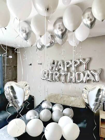 42pcs/Set 16" Silver "Happy Birthday" Letter Foil Balloons Set, Includes White & Silver Latex Balloons And Heart Foil Balloons, For Happy Birthday English Letter Decoration, Party Scene Decoration, Birthday Celebration, Family Party Backdrop Decor, Wedding, Graduation, Birthday Party Decoration, Bachelor Party, Engagement