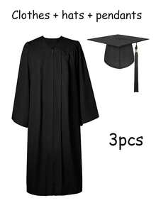3 件套毕业礼服：哑光黑色礼服 + 学位帽 + 流苏吊坠套装，适合高中和大学毕业生的中性毕业礼服，适合所有季节，也可作为万圣节角色扮演礼服（多种尺寸）。