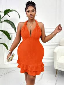BIUBIU Plus Size Women's Solid Color Sexy Backless Deep V-Neck Ruffle Hem Formal Evening Gown, Suitable For Vacation And Formal Occasions - Burnt Orange - View 1