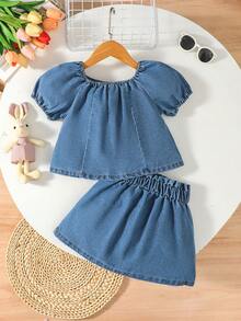Set de 2 piezas de top de mezclilla con mangas abullonadas y falda de mezclilla para niñas jóvenes, casual adecuado para actividades al aire libre en verano - Azul - Ver 2