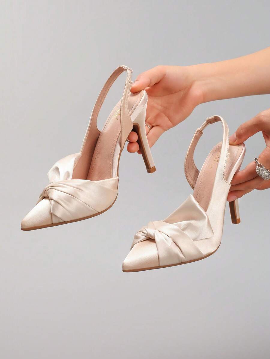 秋冬女士扭结尖头高跟鞋，性感派对婚礼缎面踝带细高跟凉鞋，优雅 - 杏色 - 查看 1