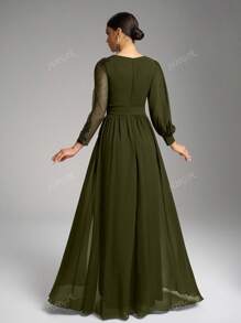 SUPGIR Vestido de noche elegante negro con cuello redondo, manga farol asimétrica, decoración de lentejuelas de lujo y cintura anudada