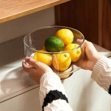 1 件优雅玻璃水果碗，带木质底座，创意北欧风格餐具甜点碗，时尚简约的家居装饰，非常适合沙拉、小吃、坚果 - 无图案，厨房台面水果盘，圆形沙拉和开胃菜盘，适用于家庭和餐厅 - 無色 - 查看 4