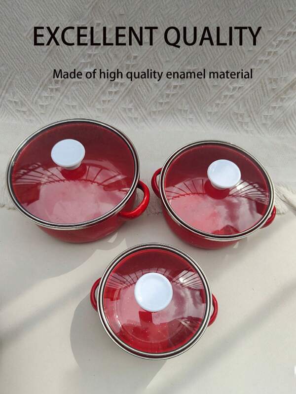 Set de 3 ollas de cocción de porcelana esmaltada de 4.7"/5.5"/6.3", utensilios de cocina, cacerola, cocina, comedor, almacenamiento y conservación de alimentos en el hogar, con doble asa, utensilios de cocina para exteriores, apto para gas, no apto para microondas, set de regalo para vacaciones