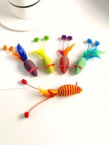 1pc Handmade Woven Pet Cat Toy - Simulated Mouse Toy With Artificial Feathers, Lovely And Attractive For Your Pets