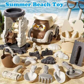 沙滩玩具套装，沙滩玩具包括水桶、铲子、沙模、喷壶、网袋旅行沙滩玩具