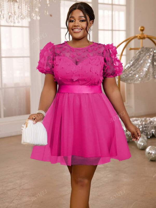 Plus Size Women 3D Butterfly Mesh Short Sleeve A-Line Party Dress