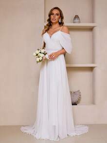 Elasola Women's Wedding Dress, Pure White Chiffon Cold Shoulder Lace Floor Length Elegant Evening Dress, Valentine's Day Spring - White - View 6