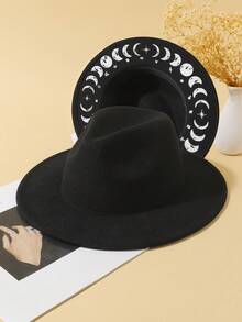 LEAJOURNO. 1pc Unisex Flat-Brimmed Jazz Hat, Printed With Celestial Elements, Suitable For Halloween, All Seasons - Black - View 11