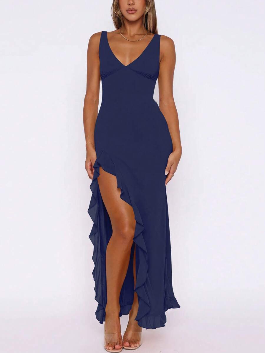 European & American Style Summer New Ruffle Hem Bodycon Party Dress, Versatile Evening Gown - Navy Blue - View 1