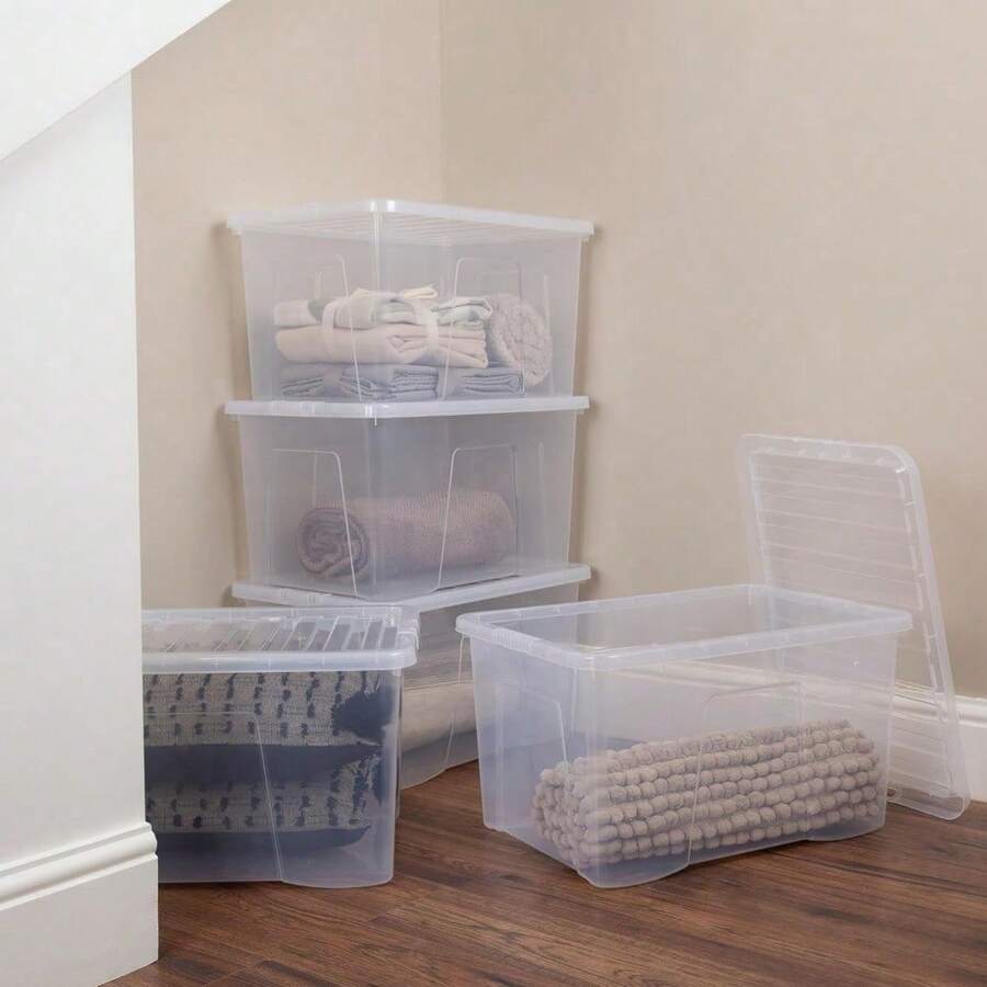5x 60L Plastic Storage Boxes With Lids. Large Size, Strong (Pack Of 5, 60 Litre). - default - View 1