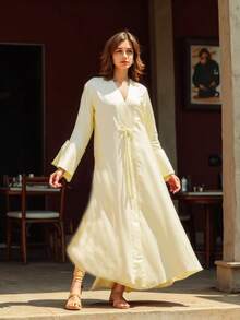 1pc Classic Solid Color Long Sleeve Robe, Elegant, Casual, Lightweight, Fine Fabric Construction, Sophisticated, Fashion, Open-Front Abaya - Abaya - View 17