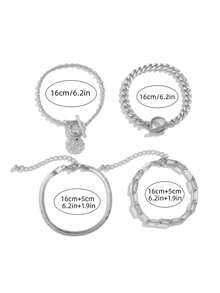 4件套时尚嘻哈蛇骨链手链套装女士 - 銀色 - 查看 4