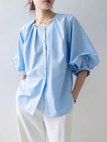 女士宽松纯色休闲时尚夏季衬衫 - 藍色 - 查看 3