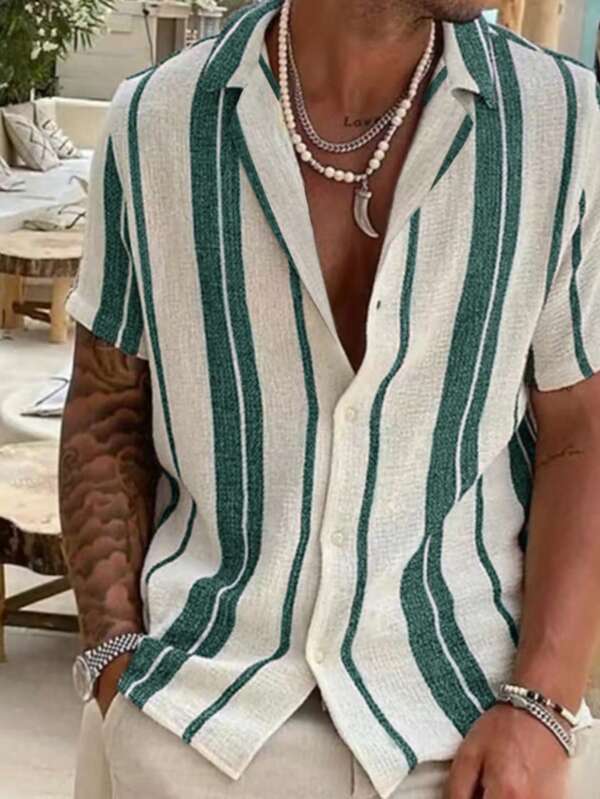 2025 Men's Comfortable Casual Vacation Striped Color Block Short Sleeve Shirt, Spring/Summer