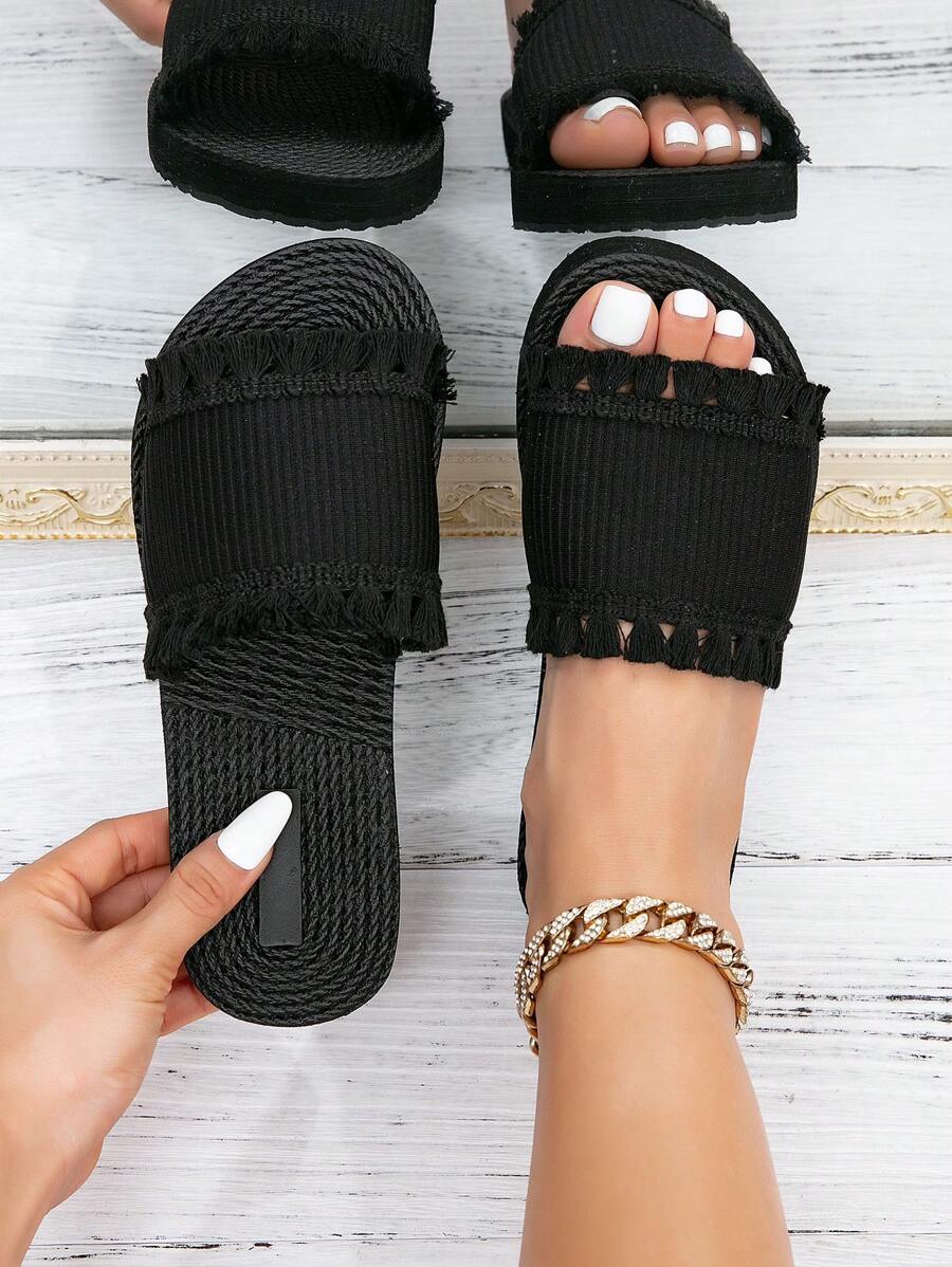 Women's Spring And Summer French Fashion Simple High-Class Elegant Suitable With A Dress To The Beach Vacation Valentine's Day Mother's Day Saving Club Shopping Black Khaki Striped Tassel A Piece Of Strap Women's Flat Sandals Summer Shoes Vacation Shoes Beach Shoes, Western Cowboy Style