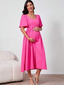 2025 Spring & Summer New Maternity Dress With Square Neck, Puff Sleeves, Flared Hem - Pink - View 2