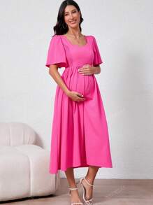 Vestido de maternidade novo, primavera/verão 2025, com gola quadrada, mangas bufantes e bainha alargada
