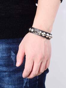 Xiacheng 1/6pcs Set Rivet Skull Devil Black Punk Rock Goth Motorcycle Adjustable Wide Leather Bracelet Unisex - Black - View 3