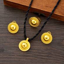 Golden Color Jewelry Set - Round Geometric Pendant, Ring, Earrings, Traditional Dubai Style Bridal Jewelry Gift For Women - A - View 6