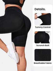 Seamluxe Sport 大码女士运动短裤，宽腰带无缝弹力健身短裤，女士运动短裤，健身短裤，骑行短裤 - 黑色 - 查看 5