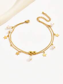 1pc Stylish Double-Layer Rhinestone & Pearl Crescent Star Design Anklet, Versatile Beach Jewelry For Women - Yellow Gold - View 4