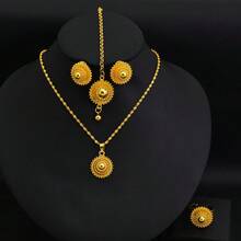 4 件套非洲迪拜风格金色彩球首饰套装：项链吊坠、耳环、戒指、头链，简约时尚，非常适合女性结婚礼物