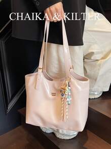 1 pièce Sac d'épaule mode en matériau PU de couleur unie, sac vintage casual avec fermeture éclair à pression, grand sac fourre-tout capacité adaptée pour le voyage, le shopping, les sorties, cadeau pour femme, convient aux adolescentes, étudiantes, débutantes et femmes de bureau, idéal pour le bureau, les études, le travail, les déplacements, l'extérieur, les voyages et les sorties (vendu avec pendentif)